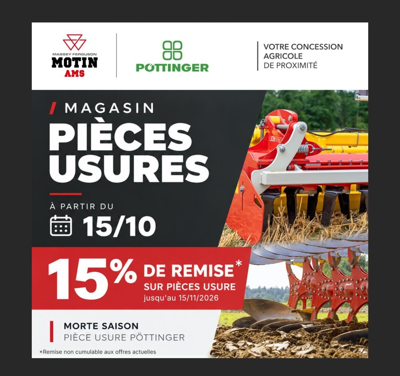 POTTINGER PIÈCES D'USURE : -15% JUSQU'AU 15 NOVEMBRE